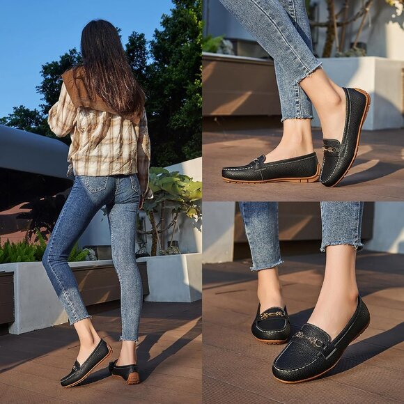 Kordal Women's Black Leather Gold Accent Buckle Slip-Ons Walking Flats Loafers - Picture 6 of 9